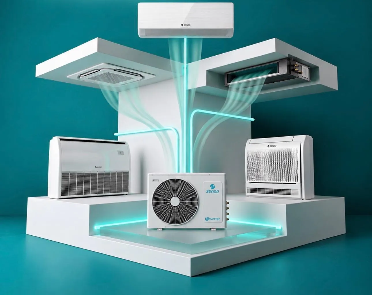 Gamma di climatizzatori: unità a parete, cassetta, canalizzato, soffitto, console e unità esterna